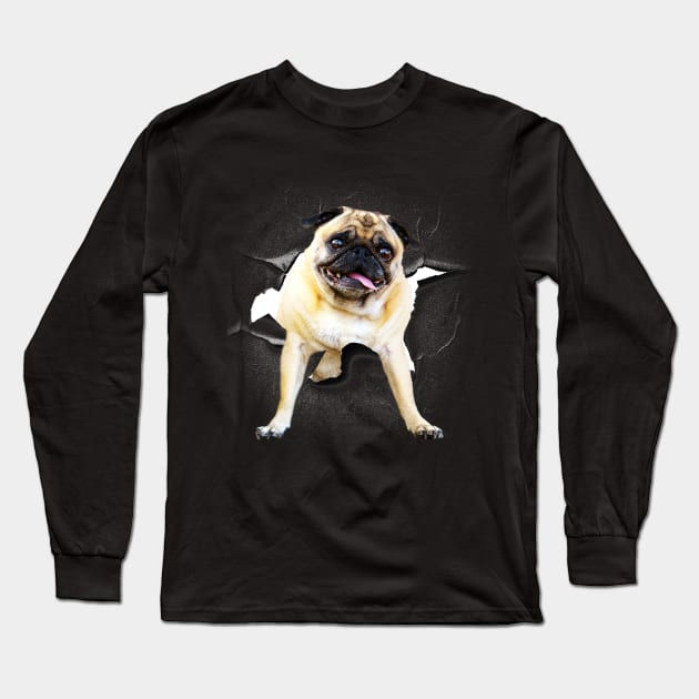 Funny Cute Pug Dog Poking Head, Cracked Wall Long Sleeve T-Shirt by Random Galaxy